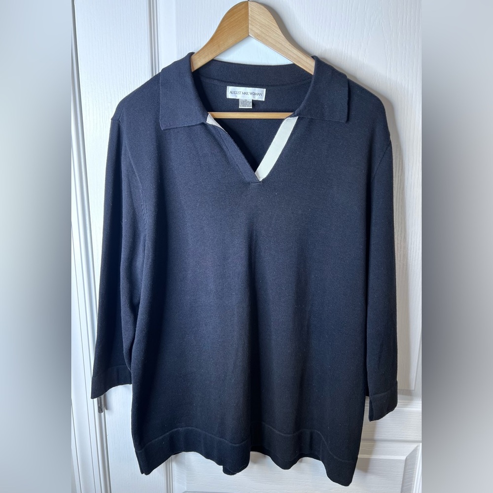 AUGUST MAX WOMAN Black 100% Cotton Sweater. White Grosgrain Ribbon Trim.